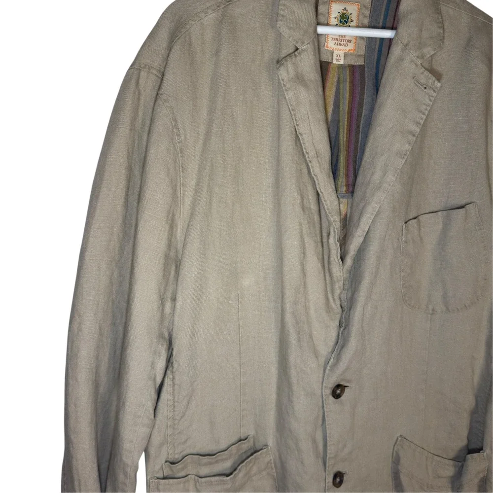 The Territory Ahead Linen Blazer XL Khaki Striped Lining Coastal Safari Casual